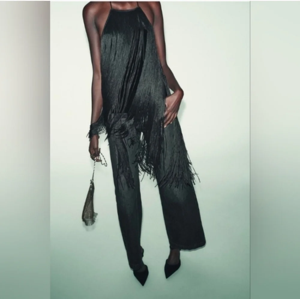 ZARA Fringed Velvet Halter Top Black Size XS S